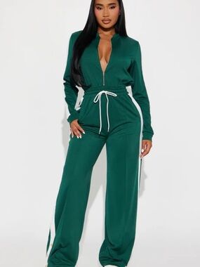 Emerald Green Zip-Front Jumpsuit with White Drawstring